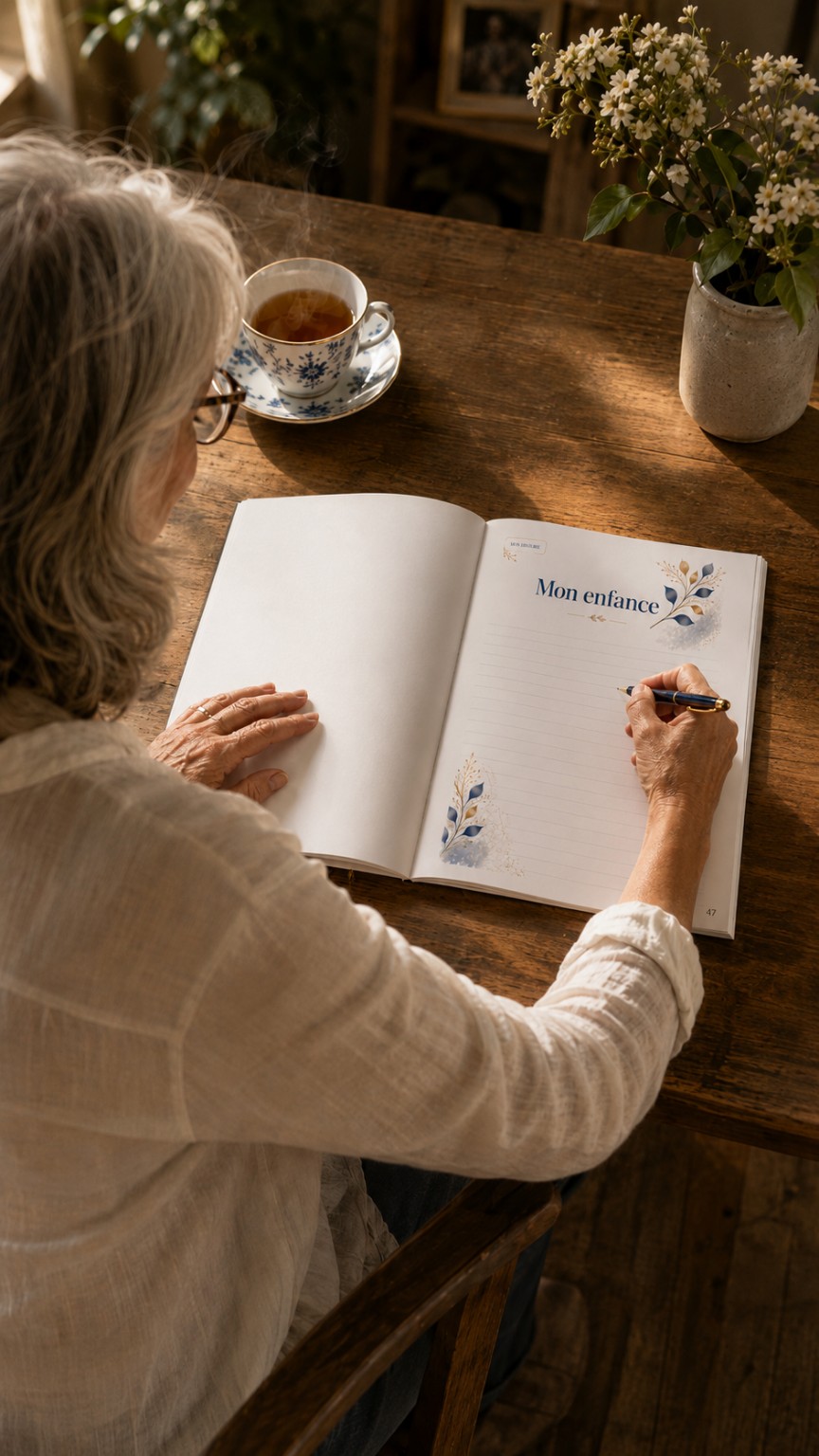 Une femme écrit sur une page Mon enfance