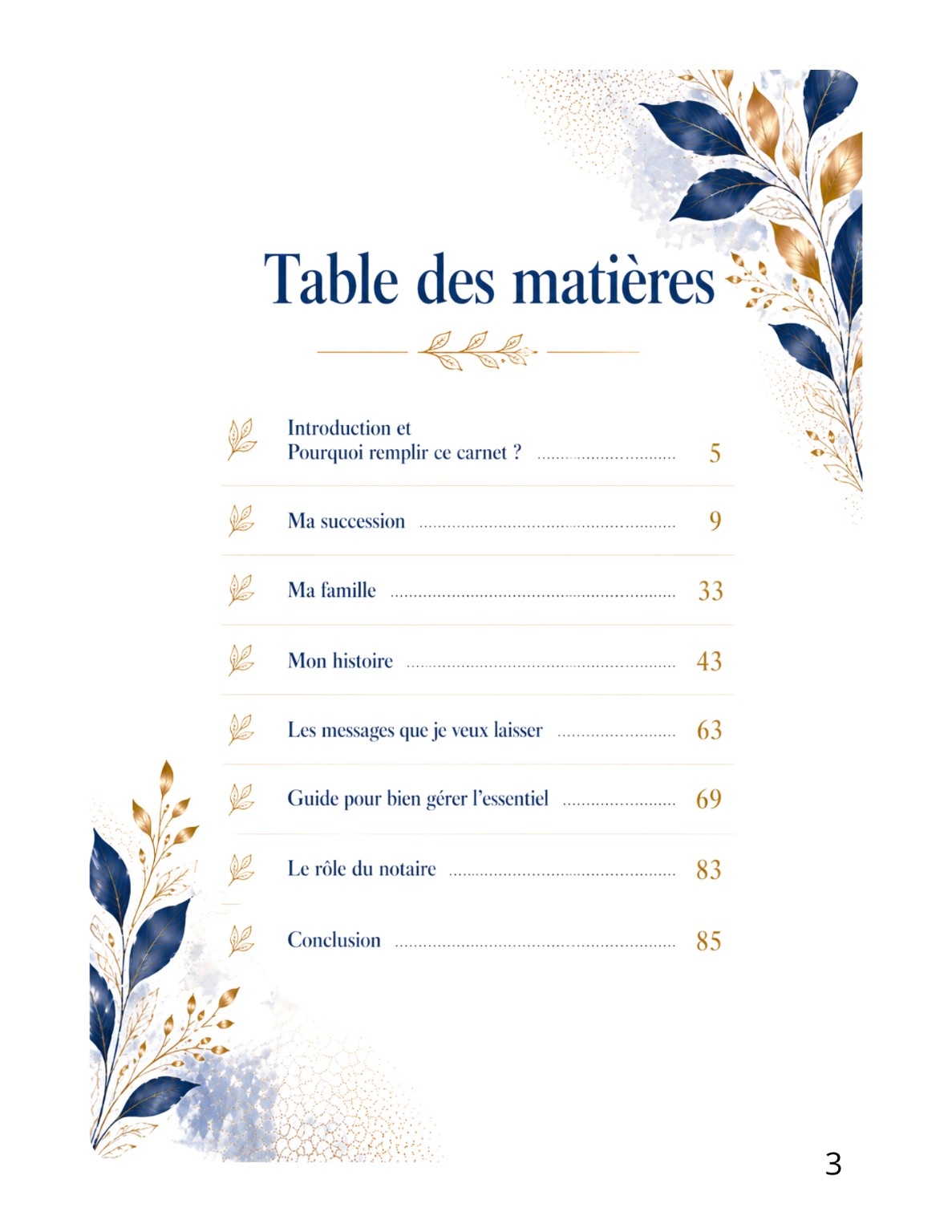 Table des matières du livret